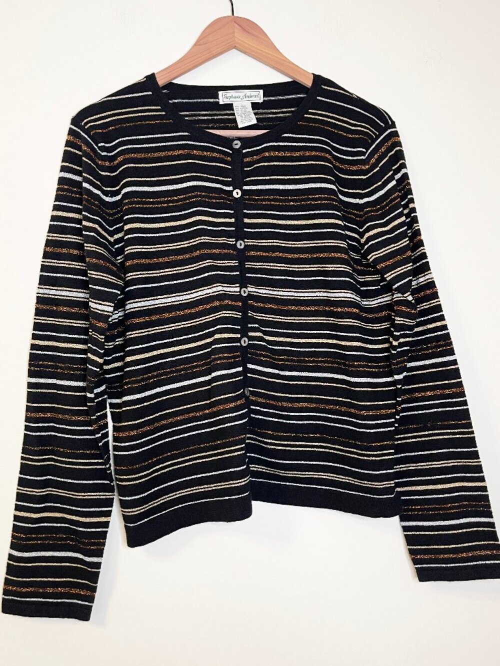 Stephanie Andrews Black Metallic Stripe Cardigan L Halloween Fall Y2K